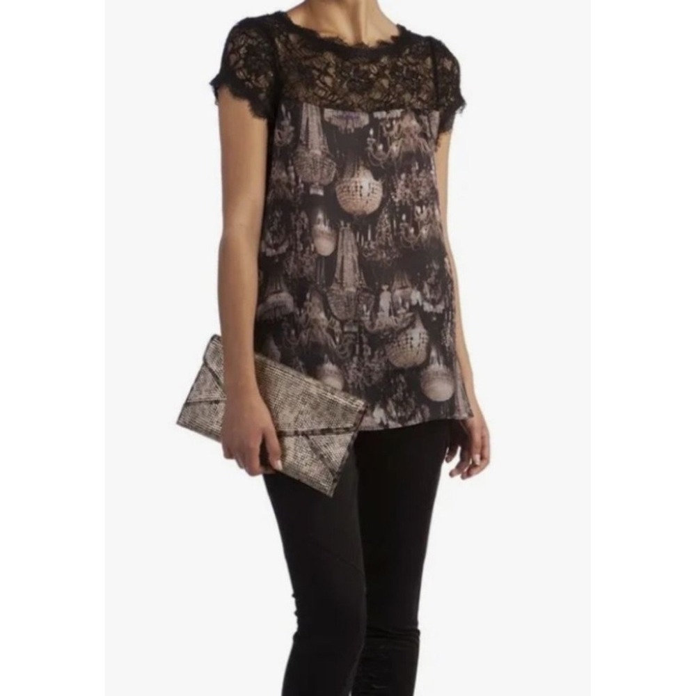 TED BAKER Silk and Lace‎ Black Chandelier Print Blouse Size M